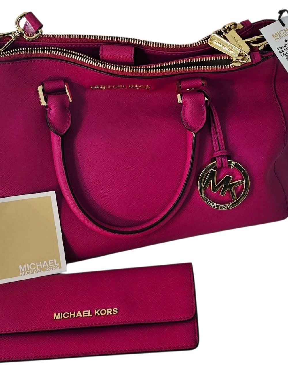 Michael Kors Sutton Medium Satchel Raspberry Pink Leather Bag + Wallet NWT - Picture 9 of 9